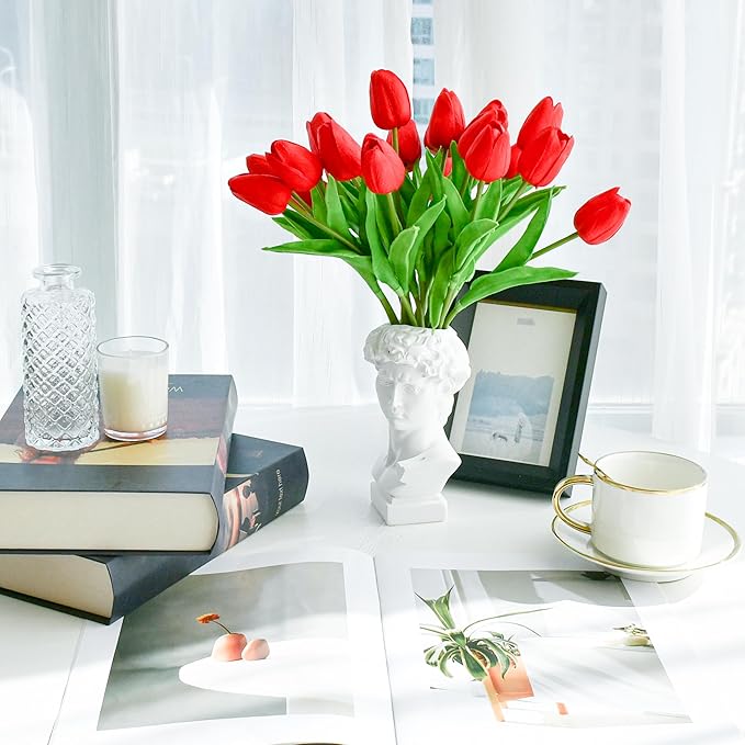 Mandy's Artificial Tulips 20 Stems Red PU Faux Flowers for Wedding Home Decor 13.5 Inch-Ruum Studio Home