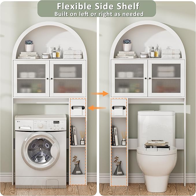 Over The Toilet Storage Cabinet, 31''W Arched Space-Saving Bathroom Organizer with Adjustable Shelf and Acrylic Doors, Freestanding Over Toilet Cabinet for Bathroom, Laundry, Restroom (White)-Ruum Studio Home