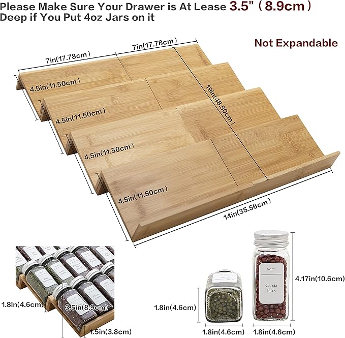 Bamboo Spice Rack Drawer Organizer - 8 Pieces Set- 7" Wide Per Piece - Combine Pieces Into 14" Wide Rack (7" or 14")-Ruum Studio Home