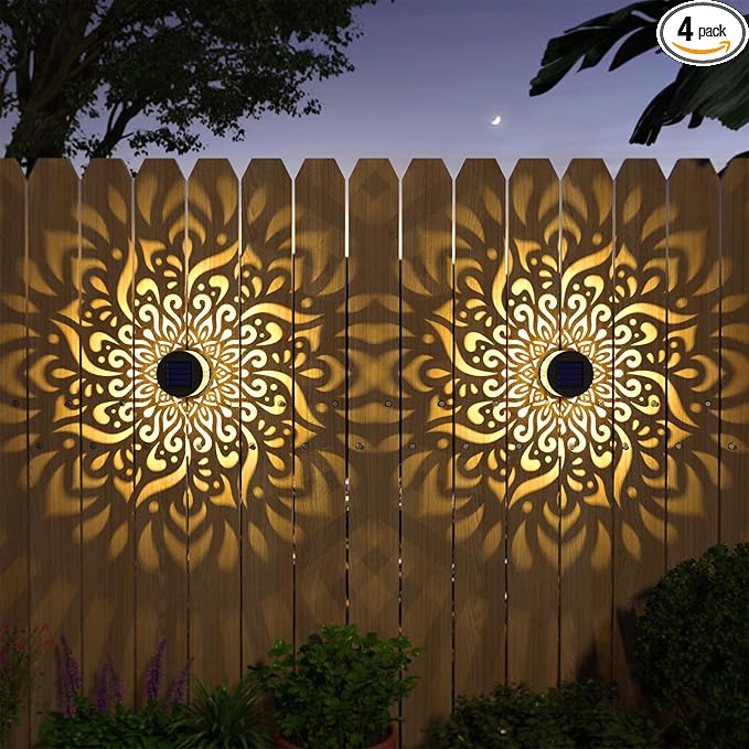 4 Pack Solar Fence Lights Metal Solar Powered Outdoor Wall Deck Step Lights Mandala Theme Waterproof Fence Light for Garden Post Patio Backyard Decor (4 Pack)-Ruum Studio Home