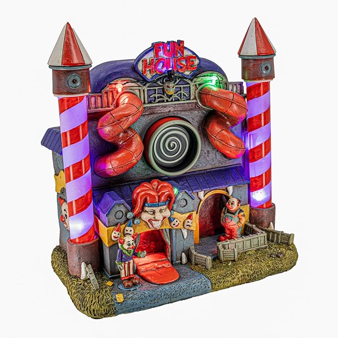 Carnival Funhouse Clown Theme Spooky Halloween Village Multi-Color LED Lights, Motion and Music 9.25" x 5.75" x 9.5"-Ruum Studio Home
