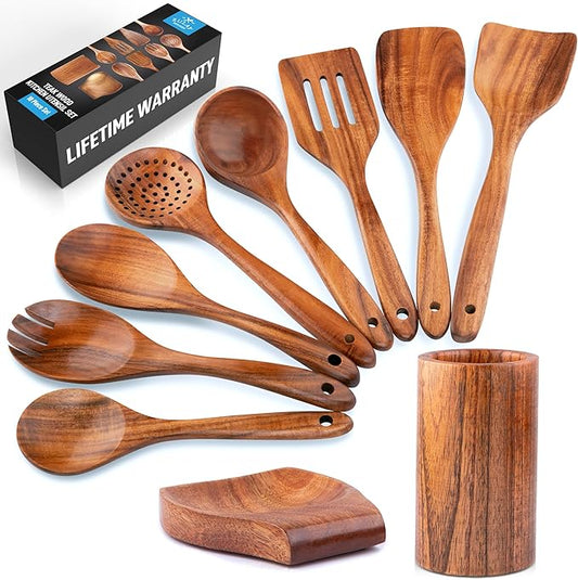 Zulay Kitchen 10-Piece Wooden Spoons for Cooking - Smooth Finish Teak Wooden Utensils for Cooking - Soft Comfort-Grip Wood Spoons for Cooking - Non-Stick Wooden Cooking Utensils - Wooden Spoon Sets-Ruum Studio Home