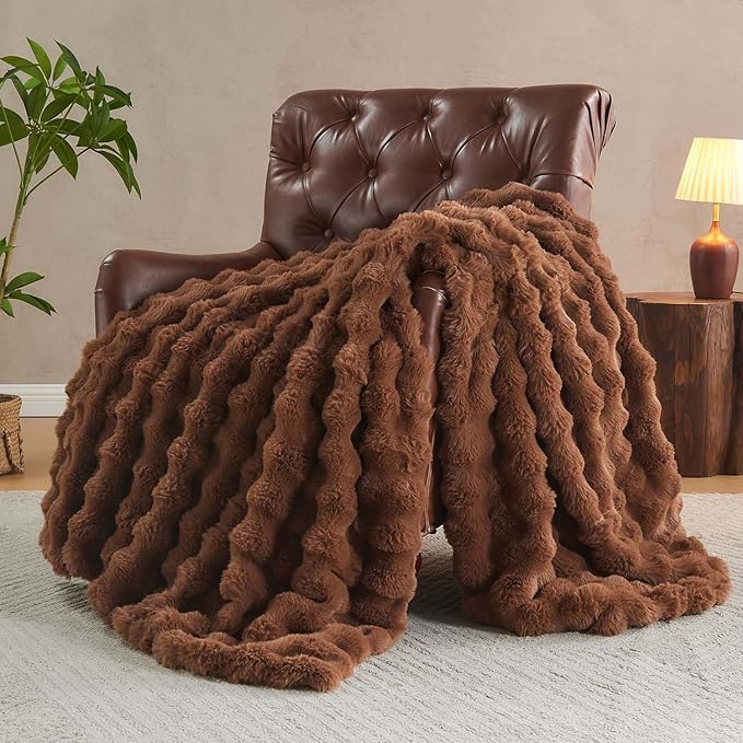 Lotus Karen Faux Fur Throw Blanket Dark Coffee - Big Bubble Rabbit Fluff Blanket for Couch Bed Sofa,Softest Fluffy Fuzzy Cozy Blanket,Thick Furry Plush Shaggy Warm Blankets for Women,50x60 Inches-Ruum Studio Home