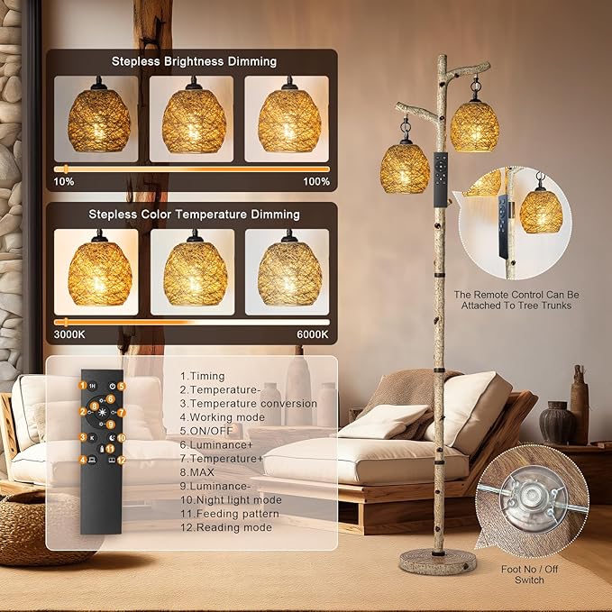 68.5" Rustic Farmhouse Remote Control Switch Birch Tree Floor lamp with Bird Nest Lantern Shade Vintage Standing Lamp for Living Room Bedroom Hotel Bar Office Wood House(Bulb Included)-Ruum Studio Home