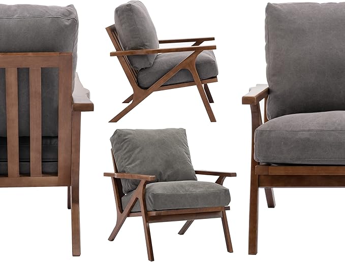 Wahson Set of 2 Mid Century Arm Chairs and Ottomans, Upholstered Accent Armchair with Wood Frame and Canvas Cushions, Leisure Slipper Chair for Living Room/Bedroom, Grey-Ruum Studio Home