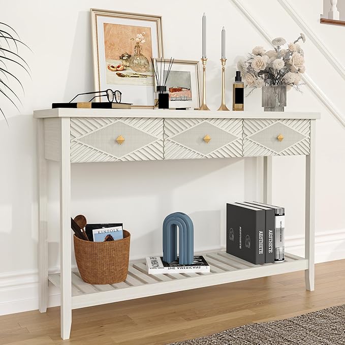 47" Fluted Console Table with 3 Drawers, Narrow Long Entryway Table with Storage Shelf, Sofa Tables for Entryway, Living Room, Behind Couch, Foyer, Hallway, Office (Beige)-Ruum Studio Home