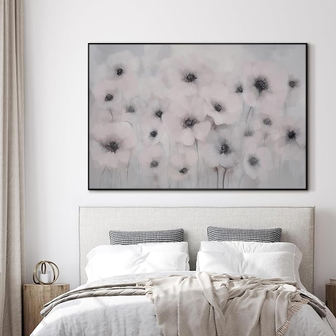 46"x72" Extra Large Framed Wall Art Soft White Poppies Watercolor Floral, Delicate Botanical for Home Living Room Bedroom Decor (Frame Assembly Required)-Ruum Studio Home