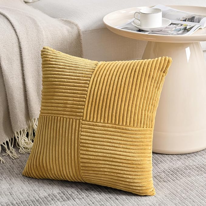 Fancy Homi 2 Packs Mustard Yellow Big Decorative Throw Pillow Covers 24x24 Inch for Living Room Couch Bed, Farmhouse Boho Home Decor, Soft Corss Corduroy Patchwork Accent Square Cushion Case 60x60 cm-Ruum Studio Home