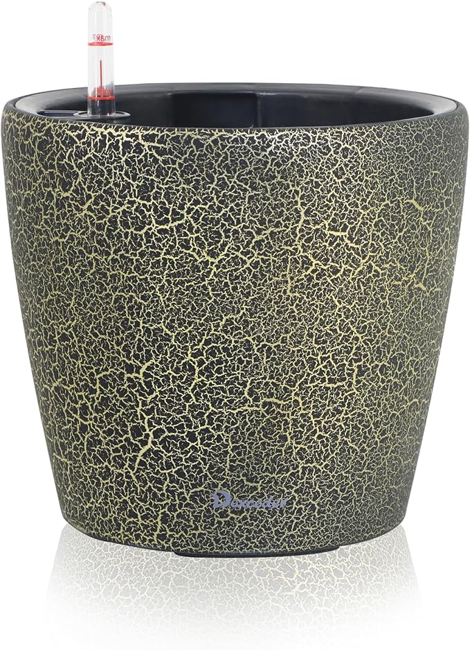 Dexceder 9x8 Inches Self Watering Planter Indoor Outdoor, Inner Pot Design, Thickened Table Flower Plant Pot with Water Level Indicator (Black Gold Crackle)-Ruum Studio Home