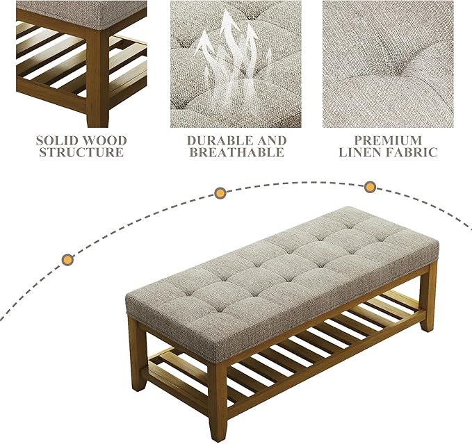 Large Rectangular Upholstered Ottoman Bench, Linen Tufted Footrest Ottoman with Solid Wood Shelf Storage Coffee Table for Bedroom Living Room, Linen-Ruum Studio Home