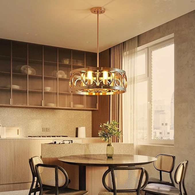 XINGQI 6-Light Modern Farmhouse Chandelier Brushed Nickel, 21.7'' Drum Ceiling Light Fixture for Living Dining Room Over Table with Round Metal Shade Pendant Lighting-Ruum Studio Home
