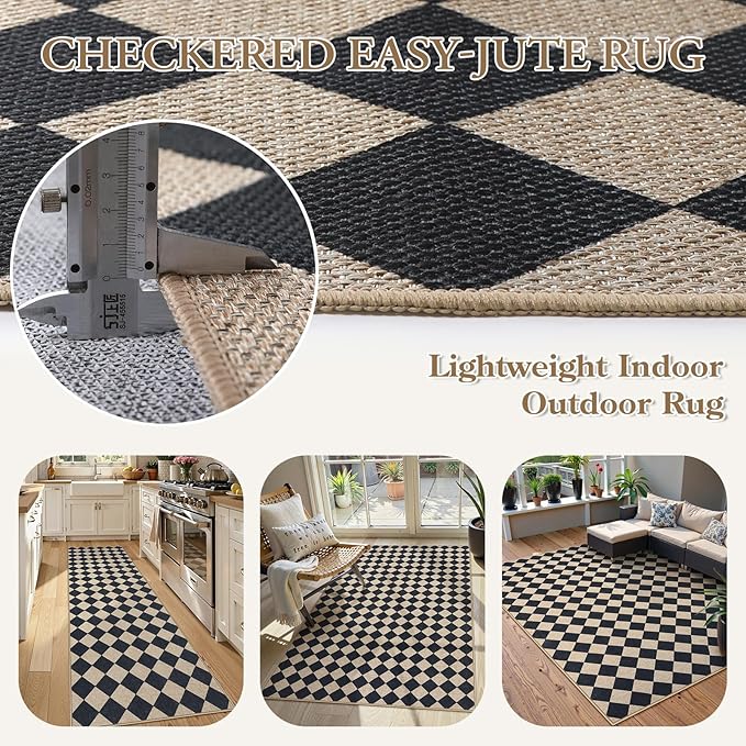 Lahome Checkered Dining Living Room Rug, 5x7 Washable Indoor Outdoor Easy Jute Rug, Farmhouse Neutral Diamond Non Slip Non Shedding Floor Carpet for Sunroom Deck Classroom Office-Ruum Studio Home