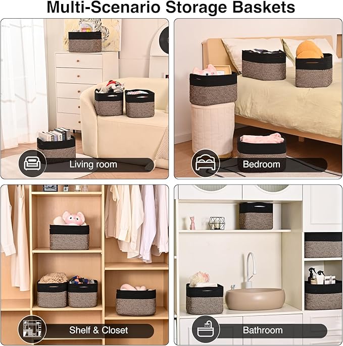 Storage Baskets for Shelves Organizing, Woven Cotton Rope Baskets for Storage, Book Basket, Decorative Shelf Basket, 12.5"Lx9.1''Wx7.9''H (4 Packs) Black & Jute-Ruum Studio Home