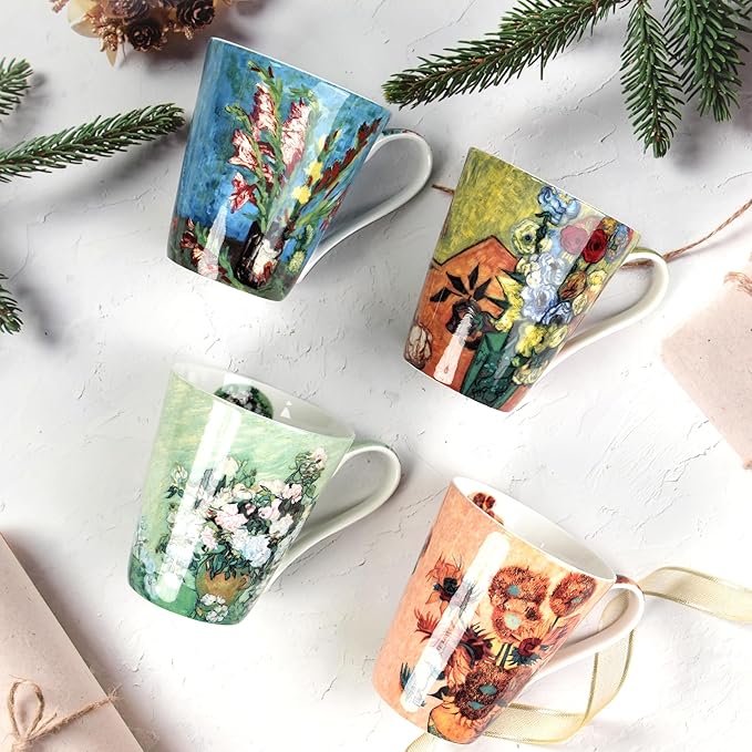Coffee Mug Sets of 4, 12oz Bone China Porcelain Cups with Art Print Large Handle Dishwasher Microwave safe for Tea Cocoa or Hot Chocolate-Ruum Studio Home