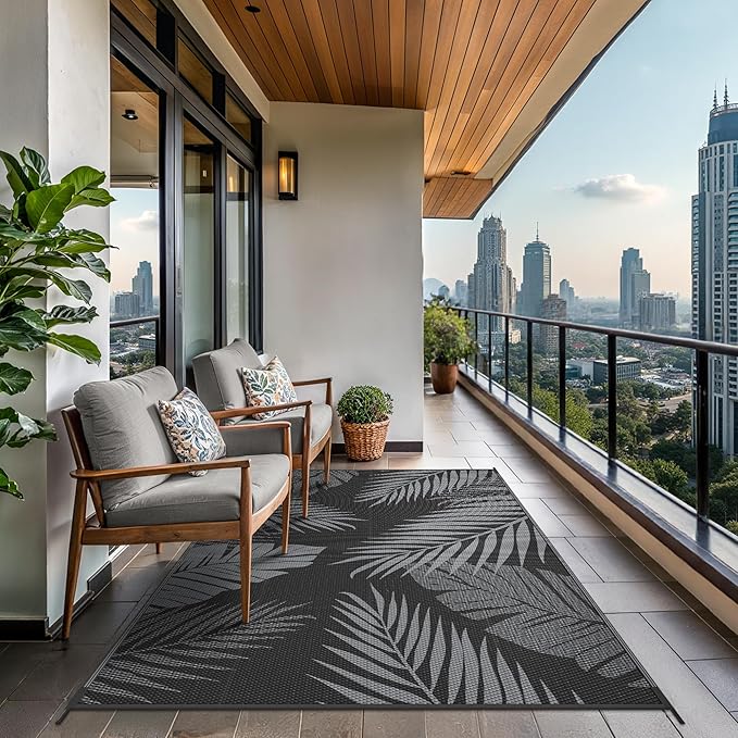 GENIMO Outdoor Rug 5' x 8' Waterproof for Patios Clearance, Reversible Outdoor Plastic Straw Camping Rug Carpet, Large Area Rugs Mats for RV, Picnic, Backyard, Deck, Balcony, Porch, Beach, Black&Grey-Ruum Studio Home