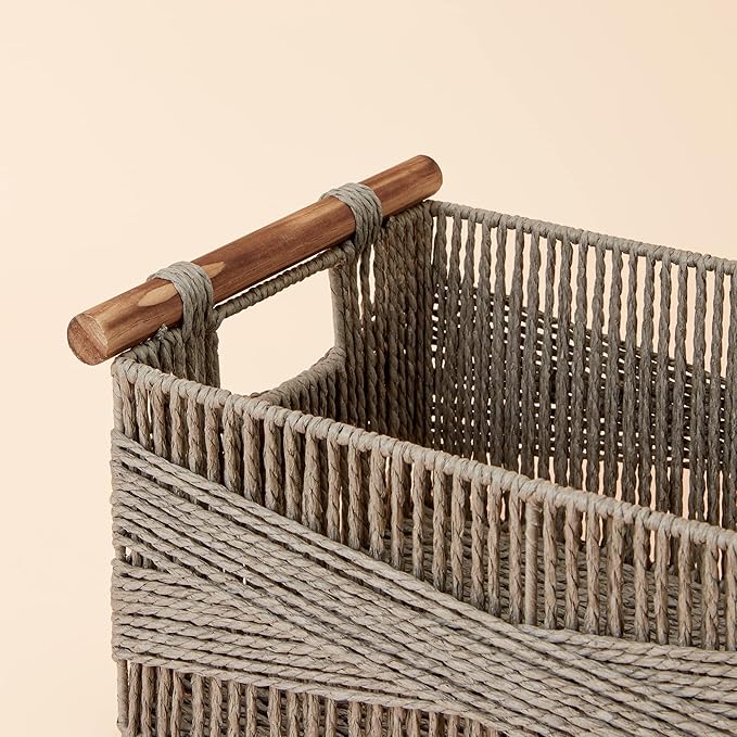 LA JOLIE MUSE Wicker Storage Baskets for Organizing, Recyclable Paper Rope Basket with Wood Handles, Decorative Hand Woven Basket Organizers for Makeup Books Shelves Living Room, Grey, Set of 2-Ruum Studio Home