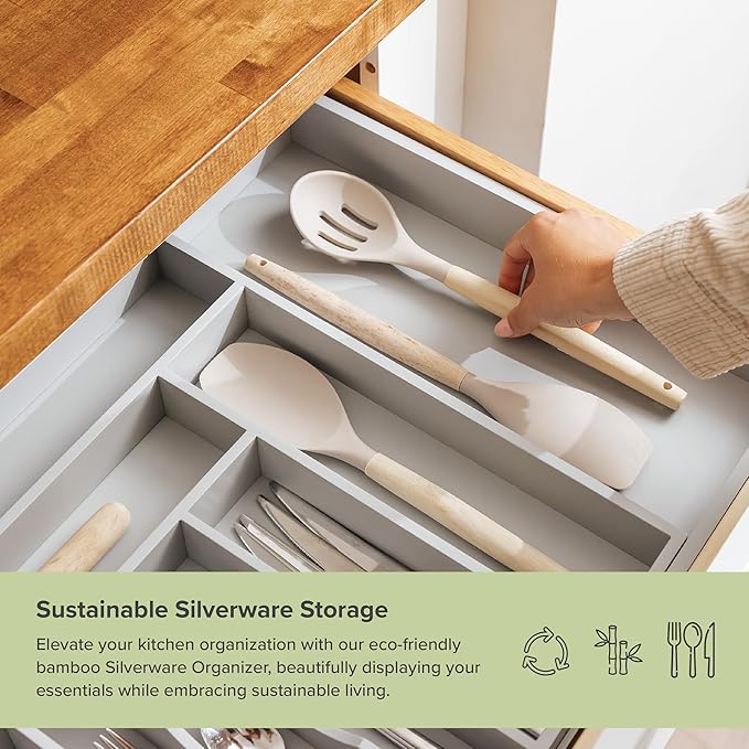Premium Silverware, Flatware and Utensil Organizer for Kitchen Drawers, Food-Safe Contract Grade, Expandable from 18 to 33 In, Gray Bamboo-Ruum Studio Home