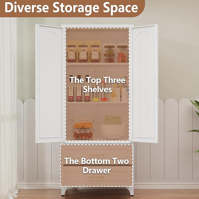 Kitchen Pantry Cabinet, 75" Tall Metal Pantry Cabinet with Two Drawers, Food Cupboards with Doors and Shelves, Freestanding Storage Cabinets for Dining, Living Room, White, Assemble Required-Ruum Studio Home