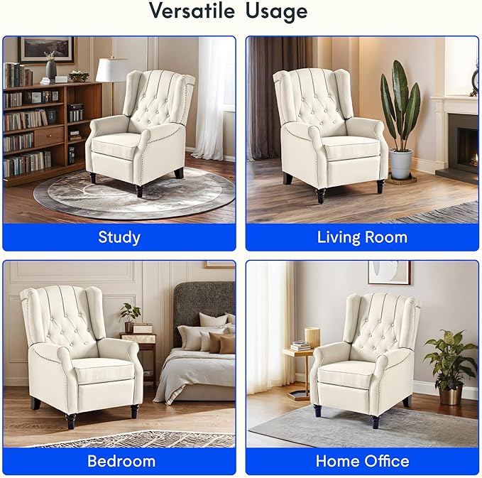 Softa Recliner Chair for Adults, Mid Century Wingback Pushback Accent Chair with Rivet Decoration, Tufted Upholstered Single Sofa Armchair for Living Room, Bedroom, Study (Fabric, Cream)-Ruum Studio Home