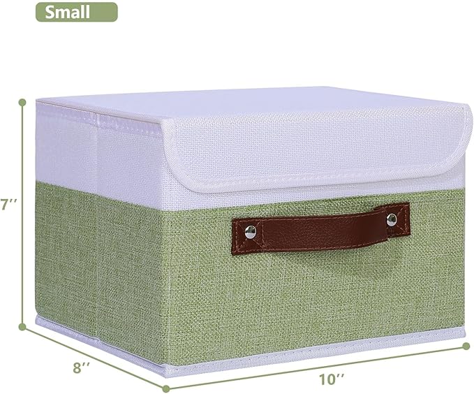 ANMINY 4PCS Storage Boxes with Lid Washable Decorative Storage Bins Basket with PU Leather Handle Foldable Linen Fabric Storage Cubes Containers for Home Closet Organizer - Green White, Small Size-Ruum Studio Home