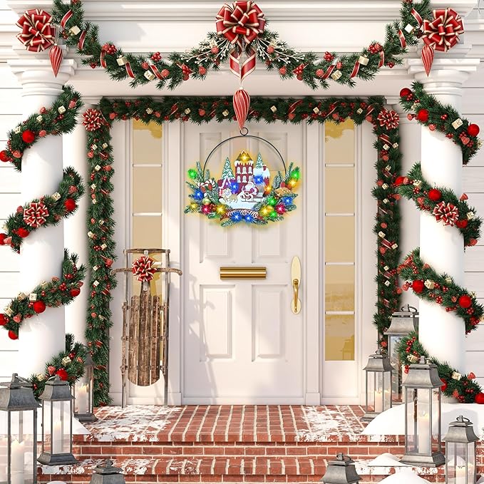 Light up Christmas Wreaths for Front Door, Welcome Metal Wooden Door Wreath Decor Hanging Sign, 30 LED Lighted Wall Decor Battery Operated for Halloween Indoor Outdoor (Santa Claus)-Ruum Studio Home
