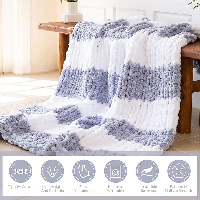 Chunky Knit Blanket - Luxury Soft Cozy 60 * 80 Throw Blanket,100% Woven Blanket Rope Knot Throw Blanket for Couch, Sofa, Home Decor, Gift - Machine Washable（White/Light Gray）-Ruum Studio Home