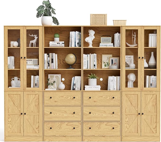 71" Tall Bookshelves Set of 4, 2 Bookcases with Drawers & 2 Bookshelves with Doors, Wooden Bookshelves Floor Standing Display Storage Shelves Home Decor Furniture for Home Office, Living Room-Ruum Studio Home