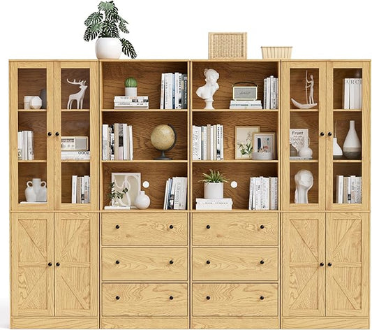 71" Tall Bookshelves Set of 4, 2 Bookcases with Drawers & 2 Bookshelves with Doors, Wooden Bookshelves Floor Standing Display Storage Shelves Home Decor Furniture for Home Office, Living Room-Ruum Studio Home