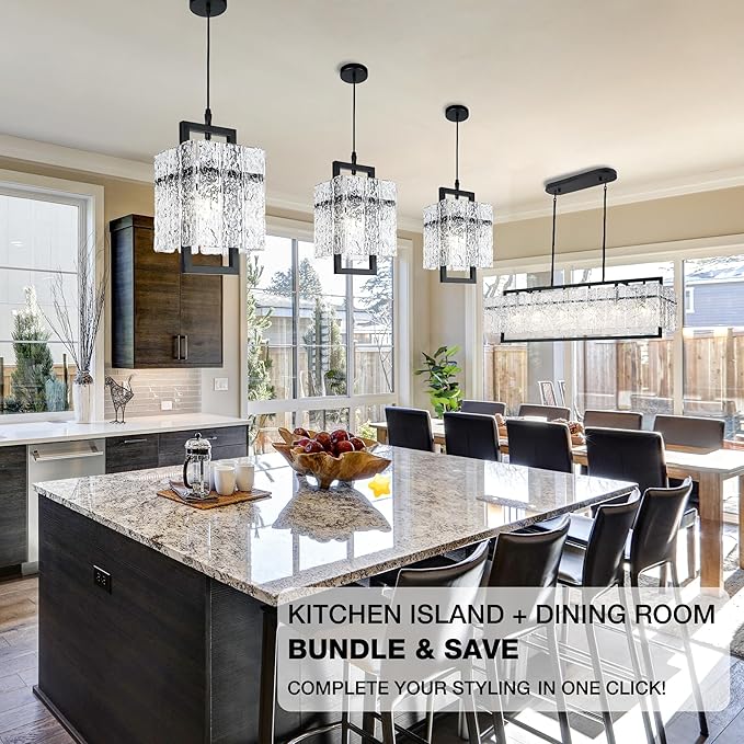 IKK Black Crystal Pendant Light for Kitchen Island, Luxury Water Ripple Glass Chandelier Lights Fixture, Modern Elegant Adjustable Pendant Lighting for Dining Room Bedroom, E12 Bulb, L6.5'' x H11.8''-Ruum Studio Home