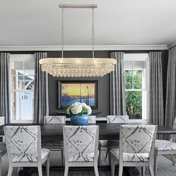 Rectangular Crystal Chandeliers for Dining Room,10 Lights Adjustable Height Oval Crystal Ceiling Light Fixture for Kitchen Island, Chrome Finish, L36''-Ruum Studio Home