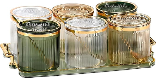 Acrylic Condiment Spice Jars,Condiment Spice Box With Lids and Spoons and Tray,Clear Plastic Condiment Canisters,Seasoning Box 6 Pack,Seasoning Box Set for Kitchen to Storage Salt,Paprika,Sugar-Ruum Studio Home