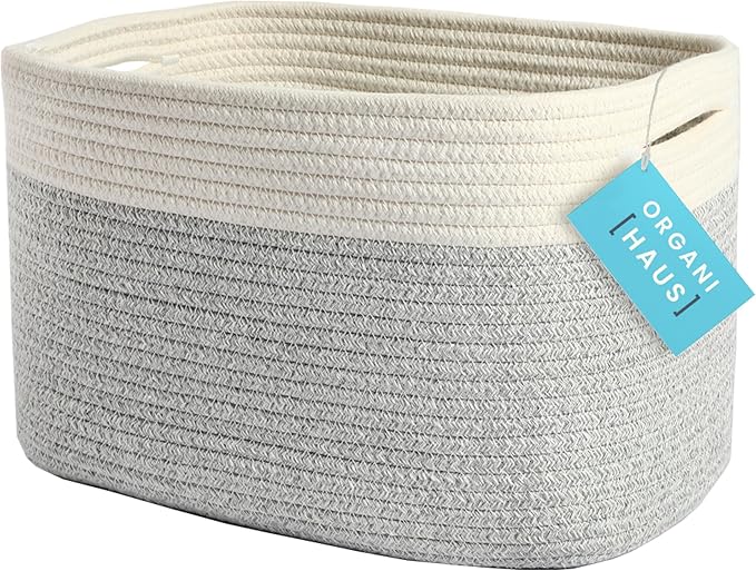 OrganiHaus Woven Basket for Storage, Baby Room Furniture, Decorative Towel Baskets for Bathroom, Cotton Rope Basket for Storage, Woven Baskets for Organizing, Rectangular Storage Basket, Grey-Ruum Studio Home