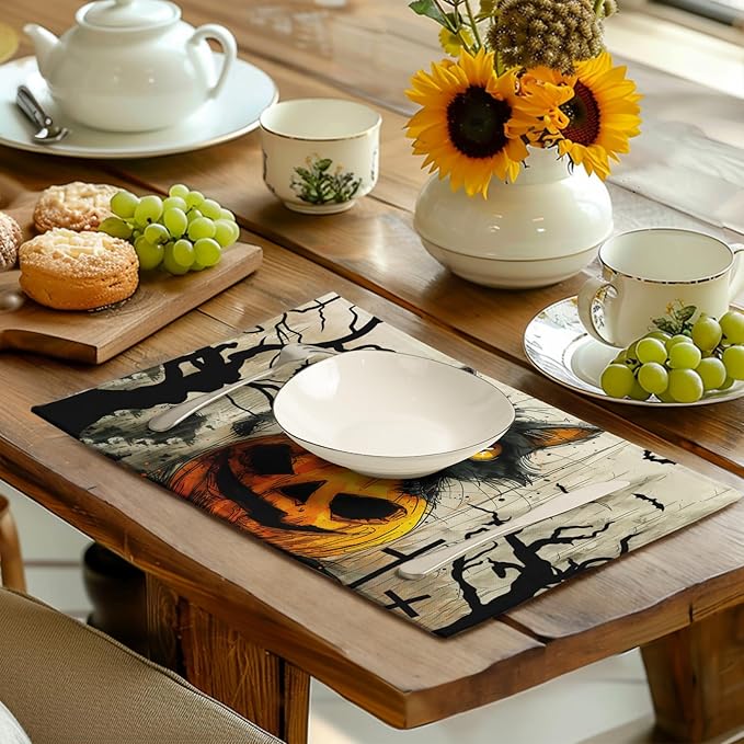 Halloween Black Cat Pumpkin 12x18 Placemats Set of 4 Happy Halloween Bat Branch Linen Table Place Mat Seasonal Fall Washable Heat Resistant Non Slip Table Placemats for Party Kitchen Dining Decor-Ruum Studio Home