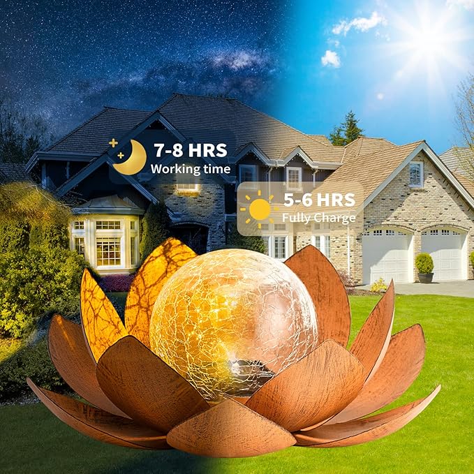 Solar Light Outdoor(2Pack), Art Crackle Globe Glass Lotus Decoration, Solar LED Waterproof Metal Flower Lights for Patio,Lawn,Walkway,Tabletop-Ruum Studio Home