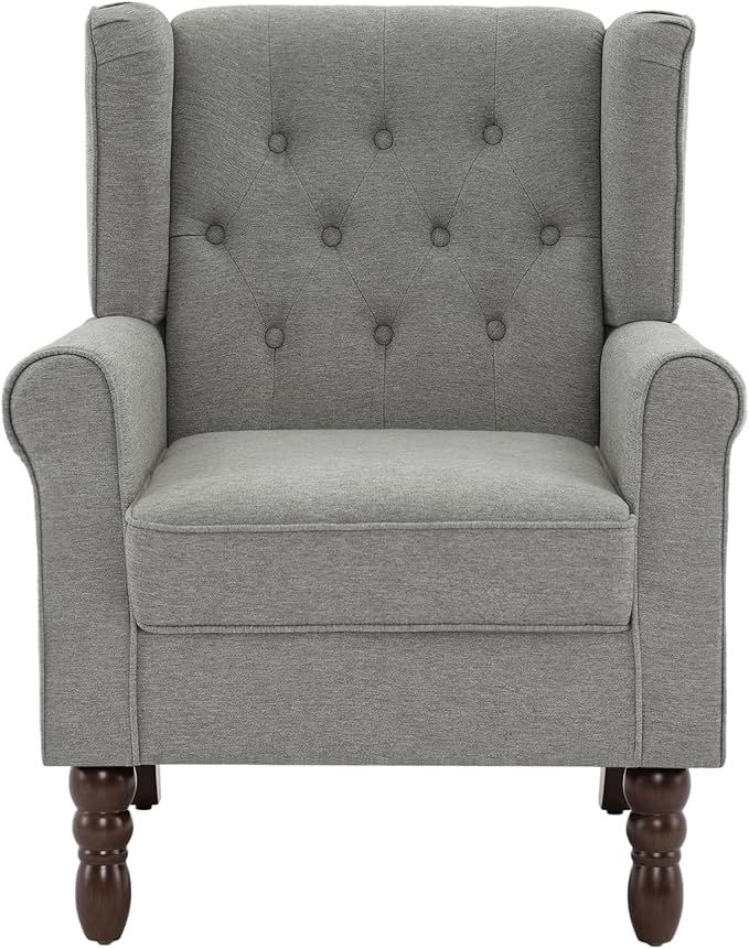 UIXE High Back Accent Chair, Upholstered Armchair in Fabric, Retro Wingback Arm Chair for Living Room, Comfy Single Sofa Bedroom Reading Seat with Solid Wood Legs - Light Gray-Ruum Studio Home