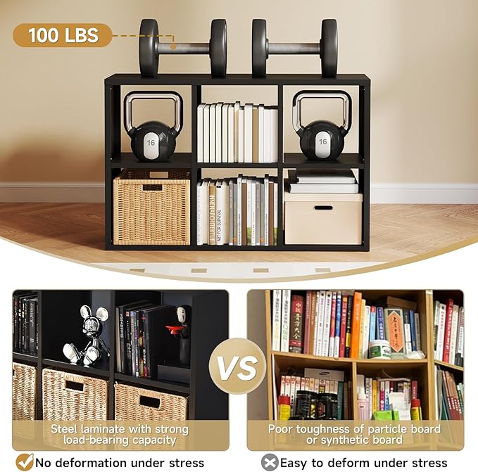 6 Cube Storage Organizer, Black Bookshelf with Storage, 2 Tier Storage Cubes, Freestanding Storage Organizer with Shelves for Living Room, Study-Ruum Studio Home