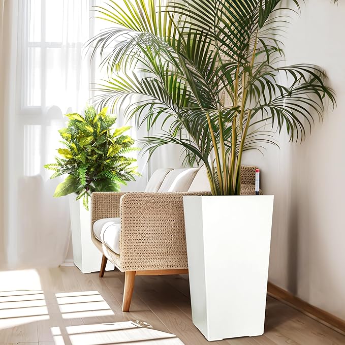 22.5" Tall Planters Set of 2, Outdoor＆Indoor Black Planter Pots, High Front Porch Planter Pots with Drainage Holes＆Water Level Monitor＆Inner Bucket, Automatic Watering, White-Ruum Studio Home
