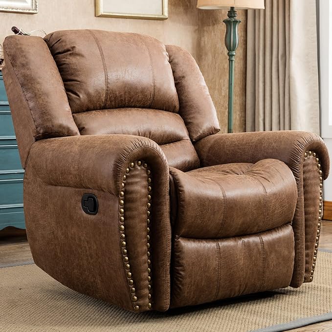 CANMOV Leather Recliner Chair, Classic and Traditional Manual Recliner Chair with Comfortable Arms and Back Single Sofa for Living Room, Nut Brown-Ruum Studio Home
