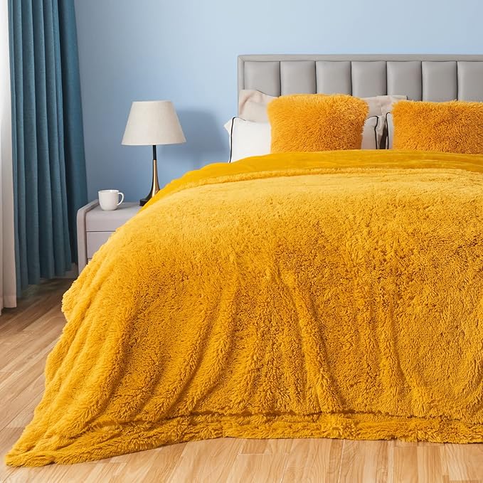 GONAAP Fuzzy Faux Fur Throw Blanket Queen Size Mustard Yellow Super Soft Cozy Plush Fuzzy Shaggy Blanket for Couch Sofa Bed (Mustard Yellow, Queen(90"x90"))-Ruum Studio Home