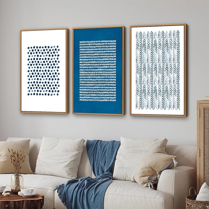 Tinonedraw Navy Blue White Framed Canvas Wall Art Set, Modern Geometric Dots Line Wall Decor, Neutral Abstract Shape Artwork, Cozy Contemporary Art Prints for Bedroom Living Room Office 16"x24"x3-Ruum Studio Home