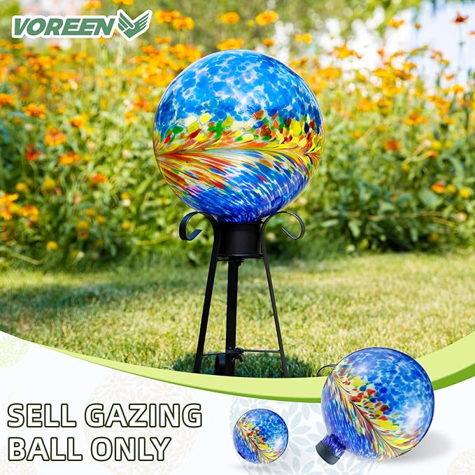 VOREEN 10-Inch Glass Gazing Ball, Outdoor Gazing Globe, Reflective Ball Yard Decoration for Homes, Patio, Lawn and Gardens, Gift for Mom Wife Friend, Phoenix Tail Design, Blue-Ruum Studio Home