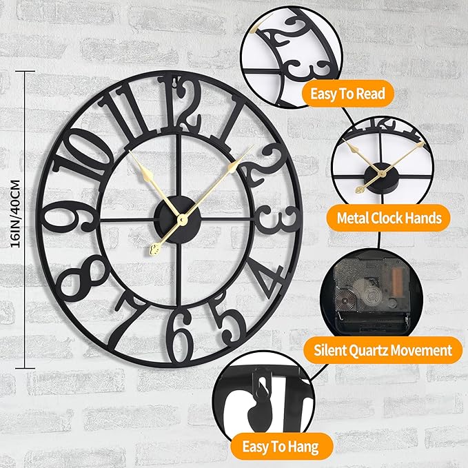 LEIKE Large Wall Clock, 16" Silent Non-Ticking, Battery Operated, Oversized, Decorative Retro Black Metal Clock for Living Room,Farmhouse, Dinner Room,Indoor, Outdoor Decor(40cm, Black Arabic Number)-Ruum Studio Home