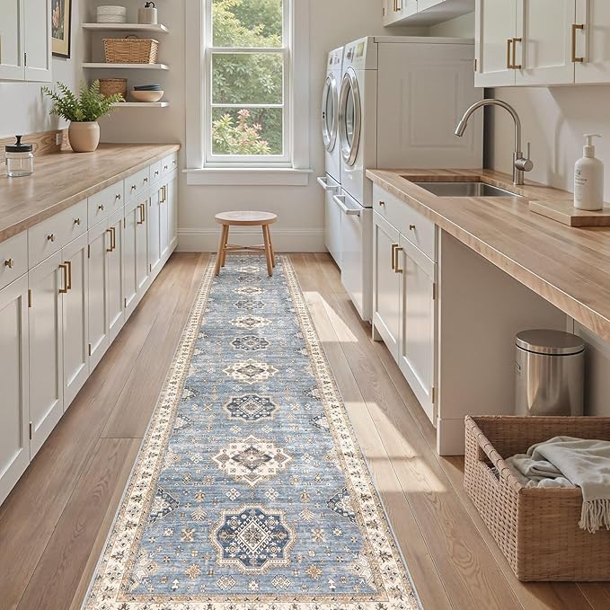 Washable 2.6x12 Runner Rug - Area Rugs Neutral Vintage Distressed Floral Farmhouse Boho Large Soft Floor Rug Indoor Carpet for Hallway Entryway Kitchen Home - Blue-Ruum Studio Home