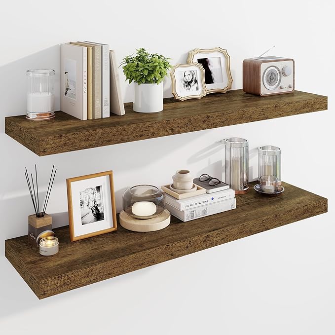 Marsmiles 39" Floating Shelves for Wall, Wooden Shelves with Invisible Brackets Set of 2, Rustic Farmhouse Wall Mounted Shelf for Kitchen Bathroom Living Room Study, Rustic Brown-Ruum Studio Home