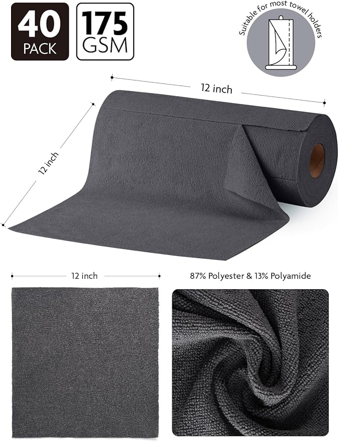 Fantasticlean Microfiber Cleaning Cloth Roll -40 Pack, Tear Away Microfiber Towels, 12" x 12", Reusable, Washable, Scratch Free, Ultra Absorbent Dish Rags for Car, Home, Garage or Shop (DimGrey)-Ruum Studio Home