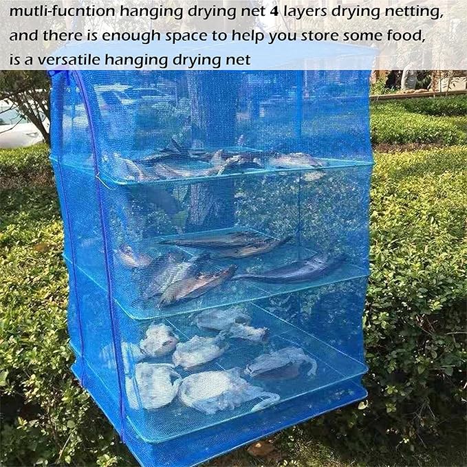 Drying Rack 4 Layers Folding Mesh, Foldable Nylon Netting, Hanging Drying Net, for Shrimp, Fish, Fruit, Vegetables, Herb, with Zipper Opening - Blue (25.59X13.78X13.78 in)-Ruum Studio Home