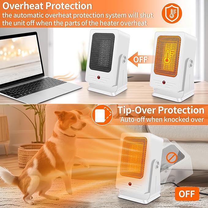 Portable Space Heaters for Indoor Use,Desktop Heater with 900W PTC 2s Fast Heating, 30° Adjustable Angle Design Small Electric Heater Lightweight for Personal, Office,Room,White-Ruum Studio Home