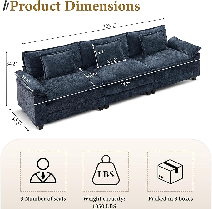 URRED Modular Sectional Sofa Comfy Cloud Couch, Modern Chenille Sofa Sleeper Deep Seat Couches with Ottoman/Pillows for Living Room (Blue, 117'')-Ruum Studio Home