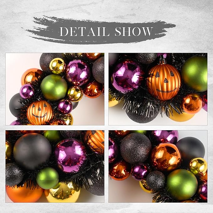JORNOY 13inch Small Halloween Ball Wreath with Ghost&Pumpkin Accents - Seasonal Orange/Black Wall Hanging, Front Door, Mantel, Porch Decor for Home-Ruum Studio Home