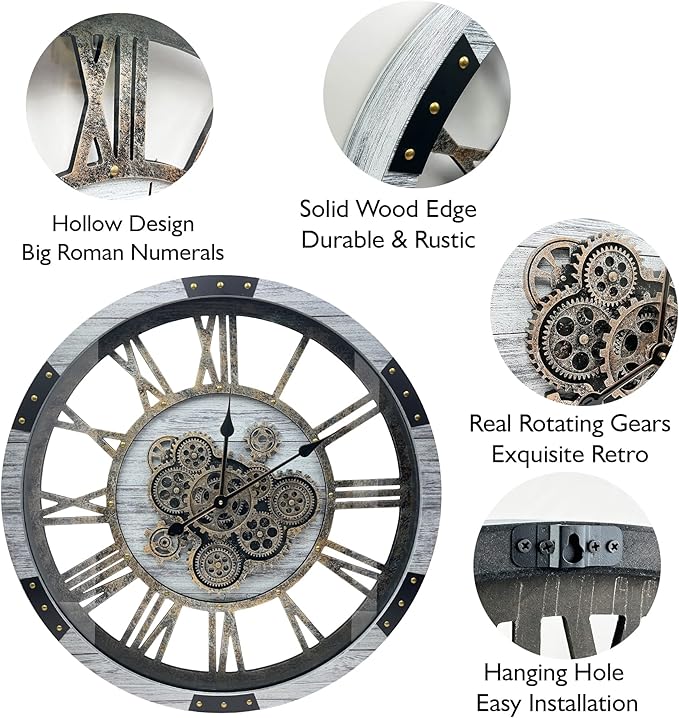 DORBOKER 24" Large Wall Clock with Moving Gears,Oversize Vintage Industrial Rustic Farmhouse Clocks for Living Room Decor Office Home,Solid Wood HD Tempered Glass Cover,Silver Grey-Ruum Studio Home